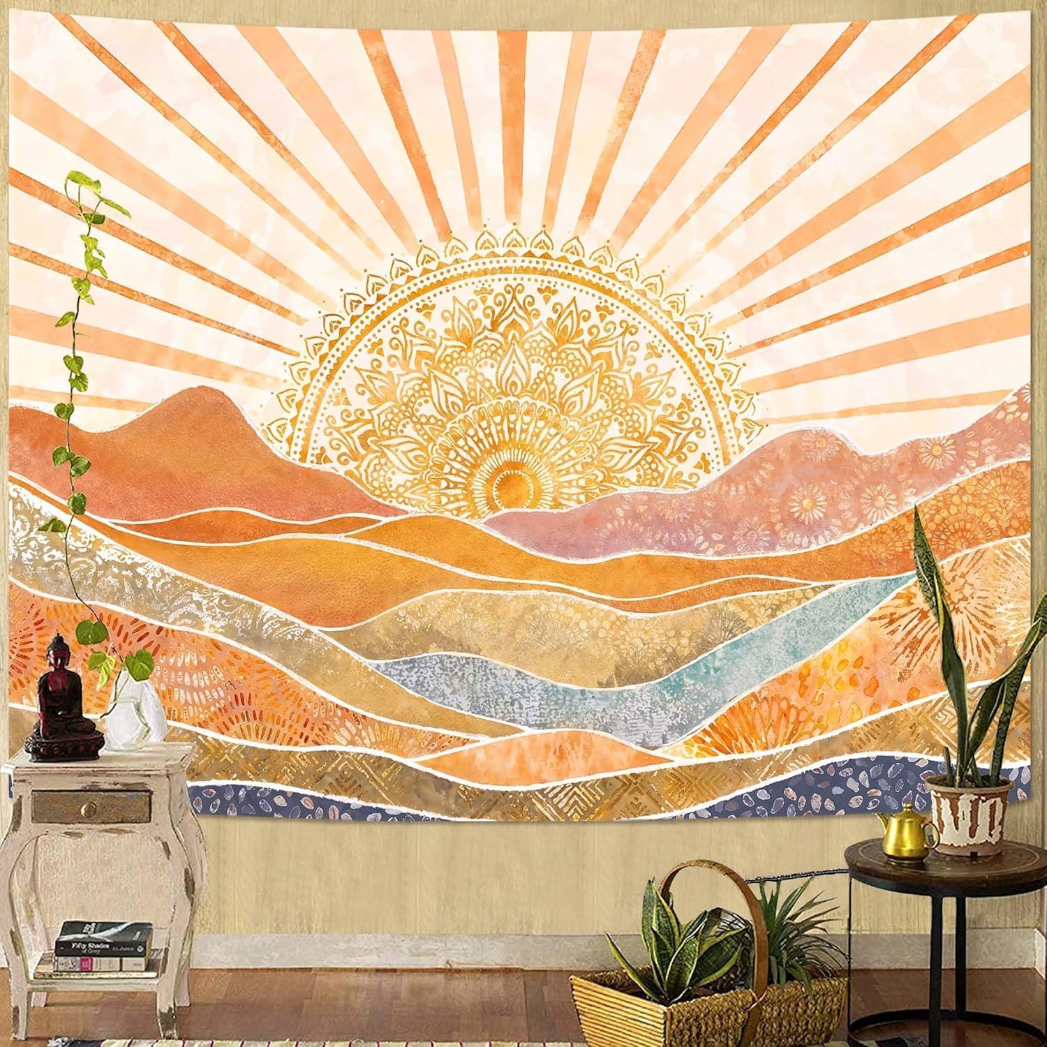 Wall Scroll Tapestry - Tapeçaria Estética Boho Sol e Montanha,